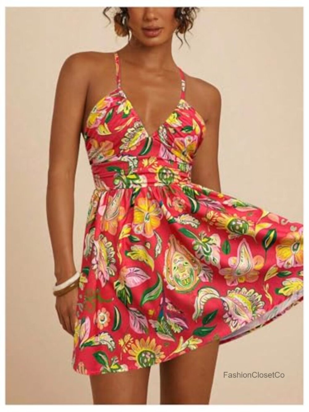 Boho Tropical Mini Dress Spaghetti Strap Criss Cross Tie Back Sundress - Picture 2 of 6
